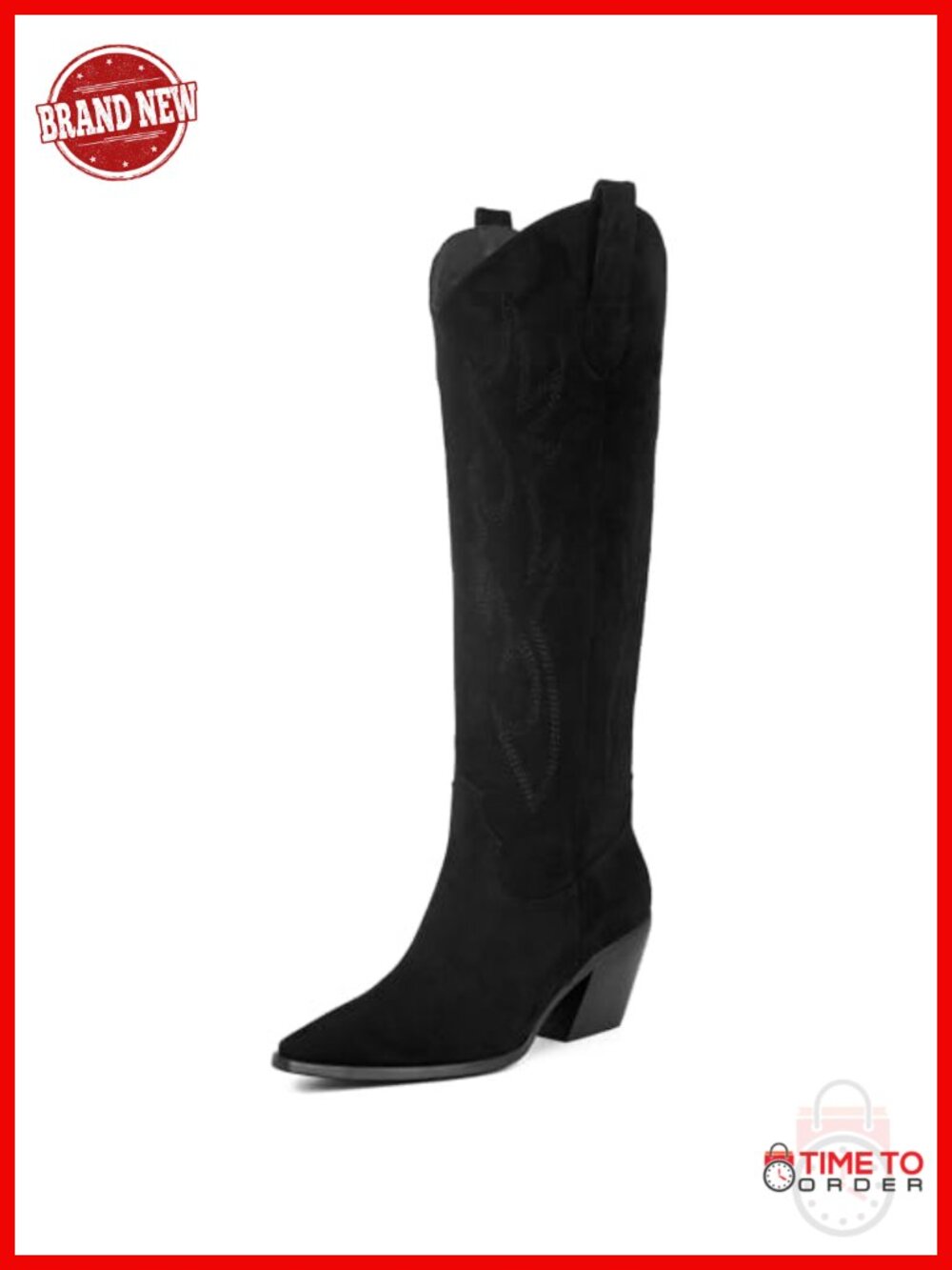Faux Suede Knee High Cowboy Boots Pointed Toe Block Heel